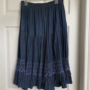 Blue Denim Skirt with Embroidered Hem